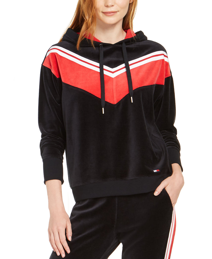 Tommy Hilfiger Sport Women Velour Chevron Pullover Hoodie Black