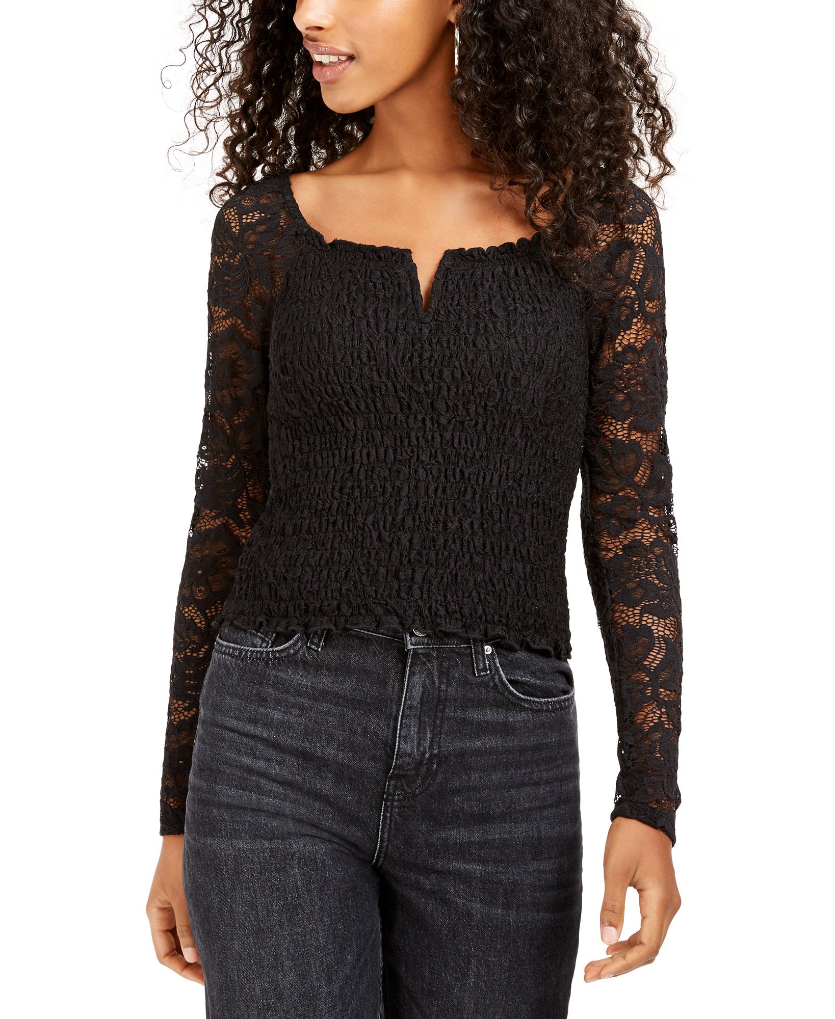 Crave Fame Women Lace Smocked Top Black