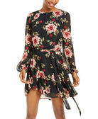 City Studios Women Metallic Floral Print Chiffon Dress Black Wine