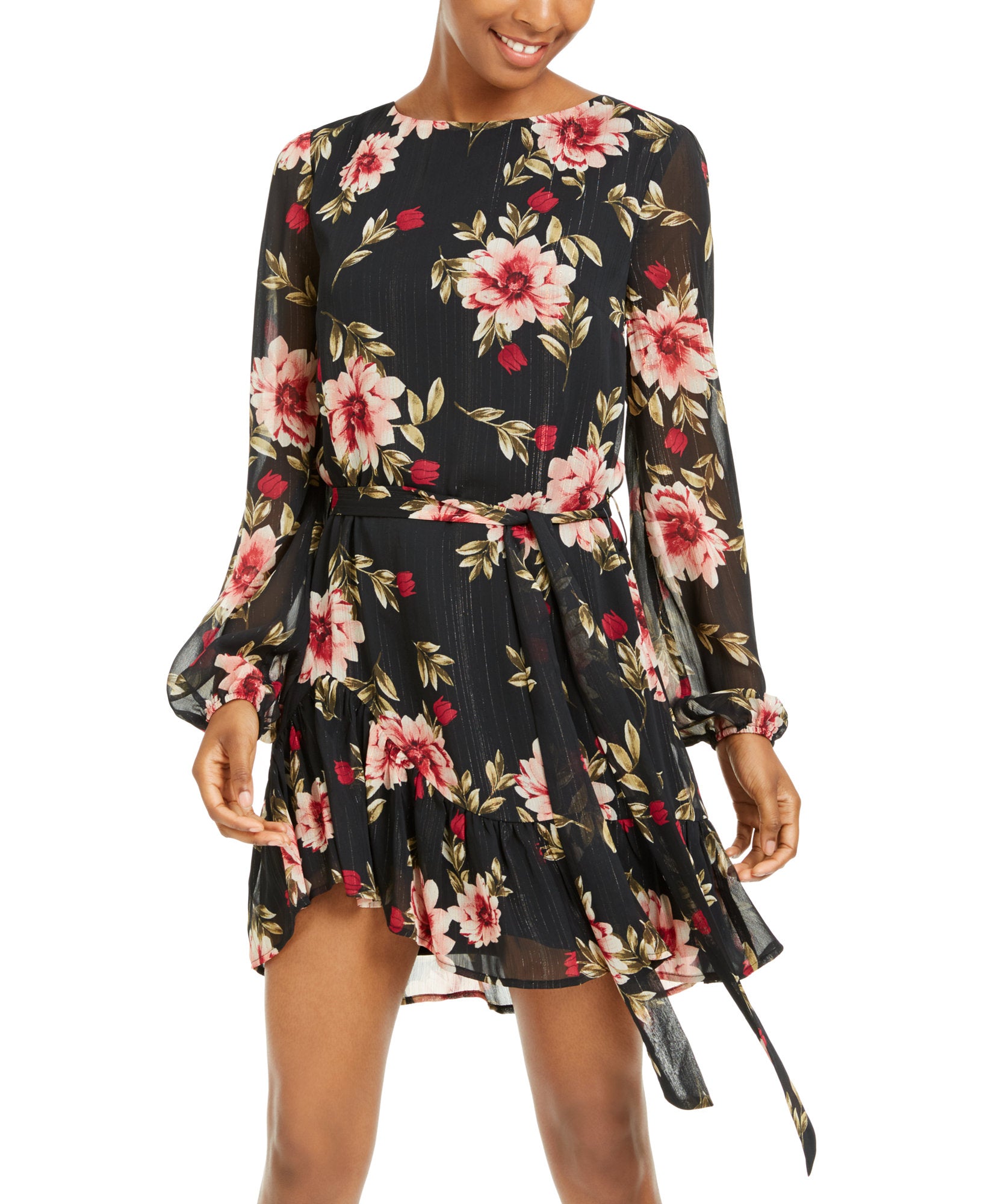 City Studios Women Metallic Floral Print Chiffon Dress Black Wine