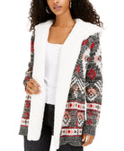 Crave Fame Women Sherpa Trim Cardigan Patterned Black