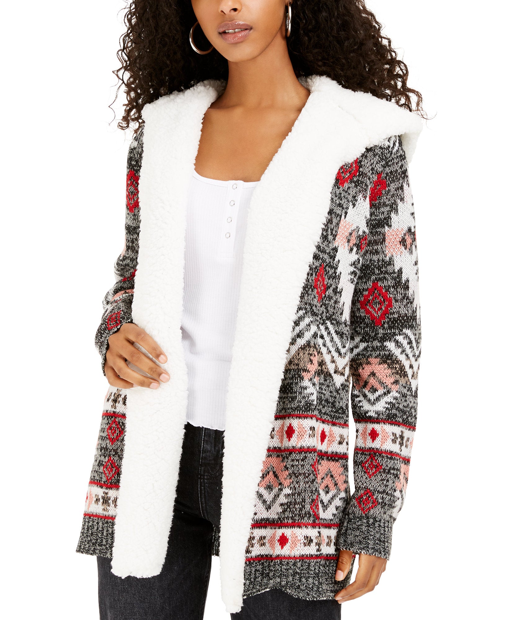 Crave Fame Women Sherpa Trim Cardigan Patterned Black