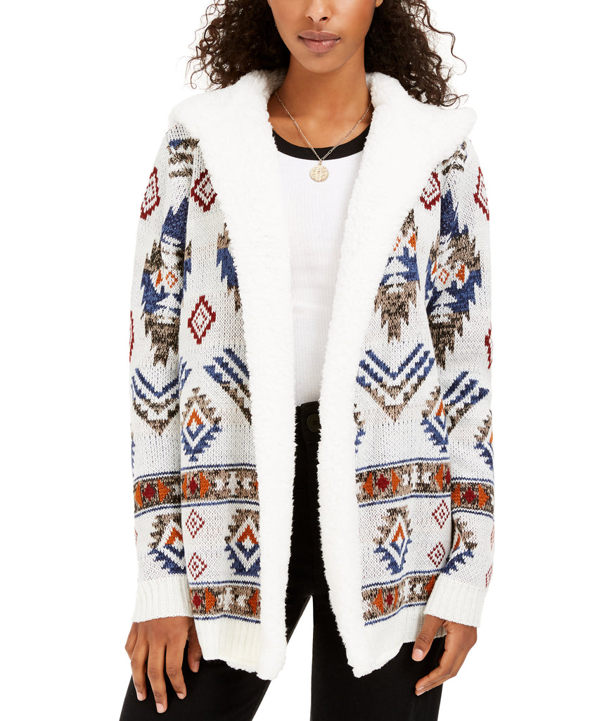 Crave Fame Women Sherpa Trim Cardigan Patterned Ivory