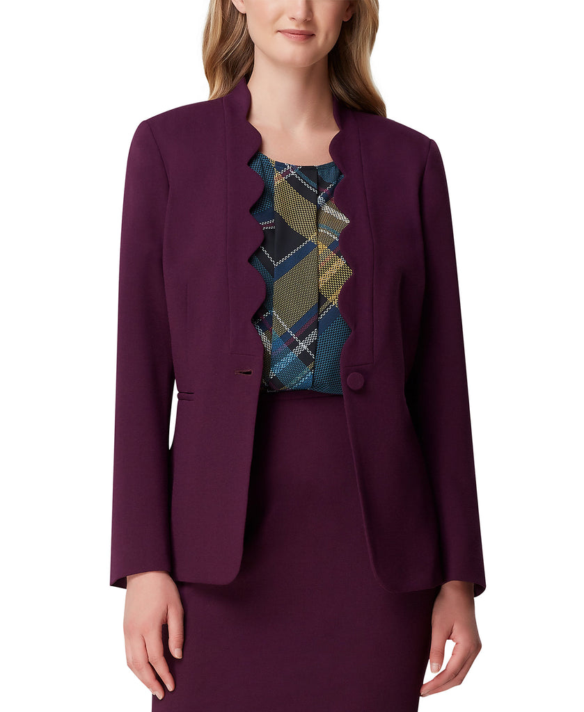 Tahari ASL Women Petite Scalloped Edge Blazer Eggplant