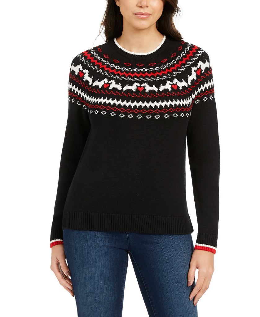 Charter Club Women Petite Fair Isle Crewneck Sweater Deep Black Combo