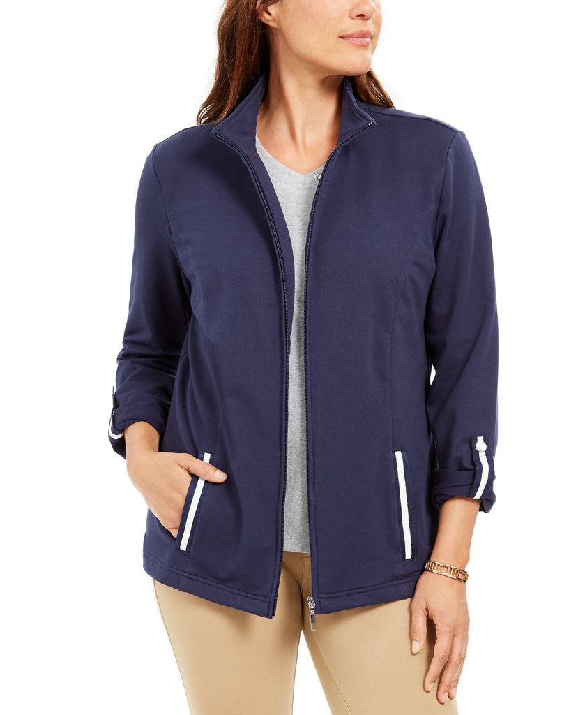 Karen Scott Women Sport French Terry Ribbon Trim Jacket Intrepid Blue