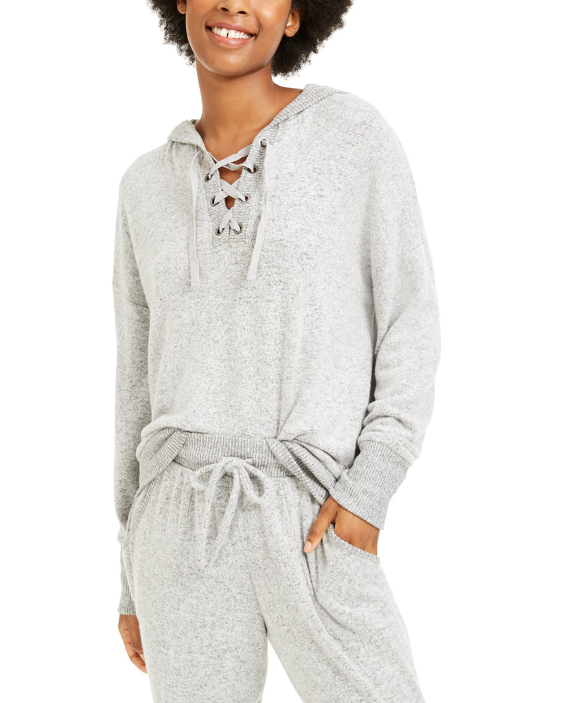 Hippie Rose Women Cozy Lace Up Hoodie Light Grey