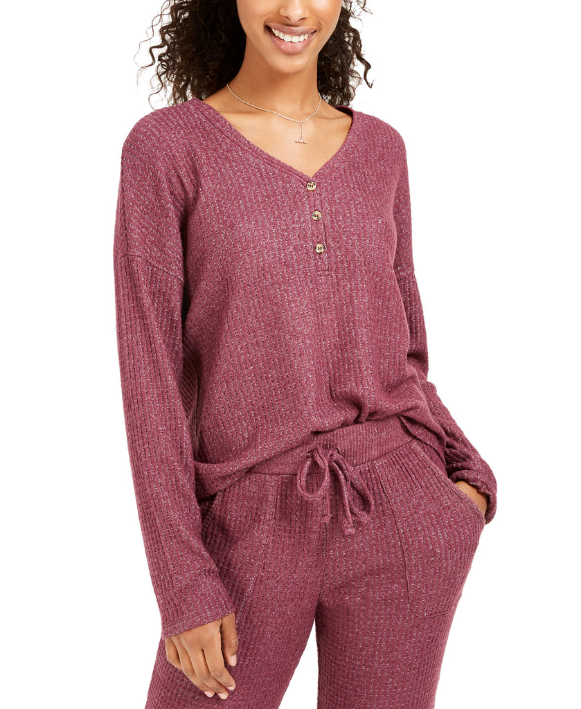 Hippie Rose Women Henley Waffle Knit Top Ethereal Plum