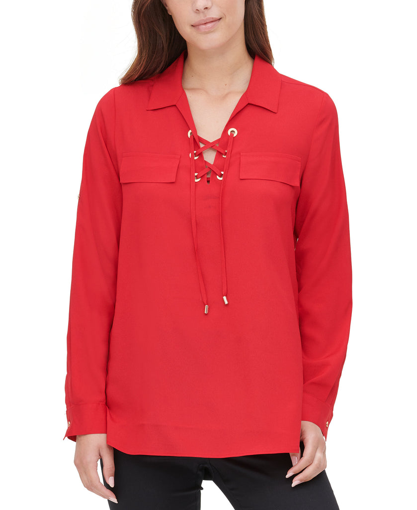 Calvin Klein Women Lace Up Blouse Medium Red