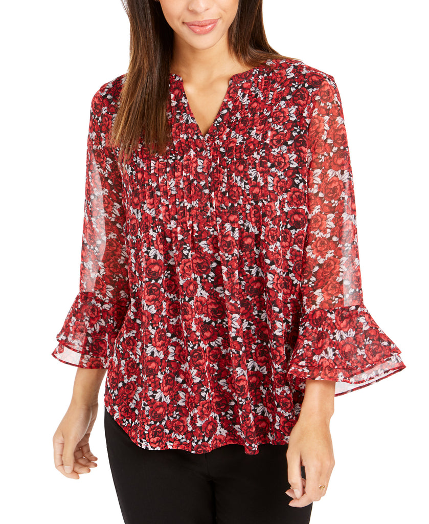 Charter Club Women Petite Floral Print Bell Sleeve Top Ravishing Red Combo