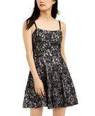 Speechless Women Bonded Lace Ruffle Hem Dress Black Silver