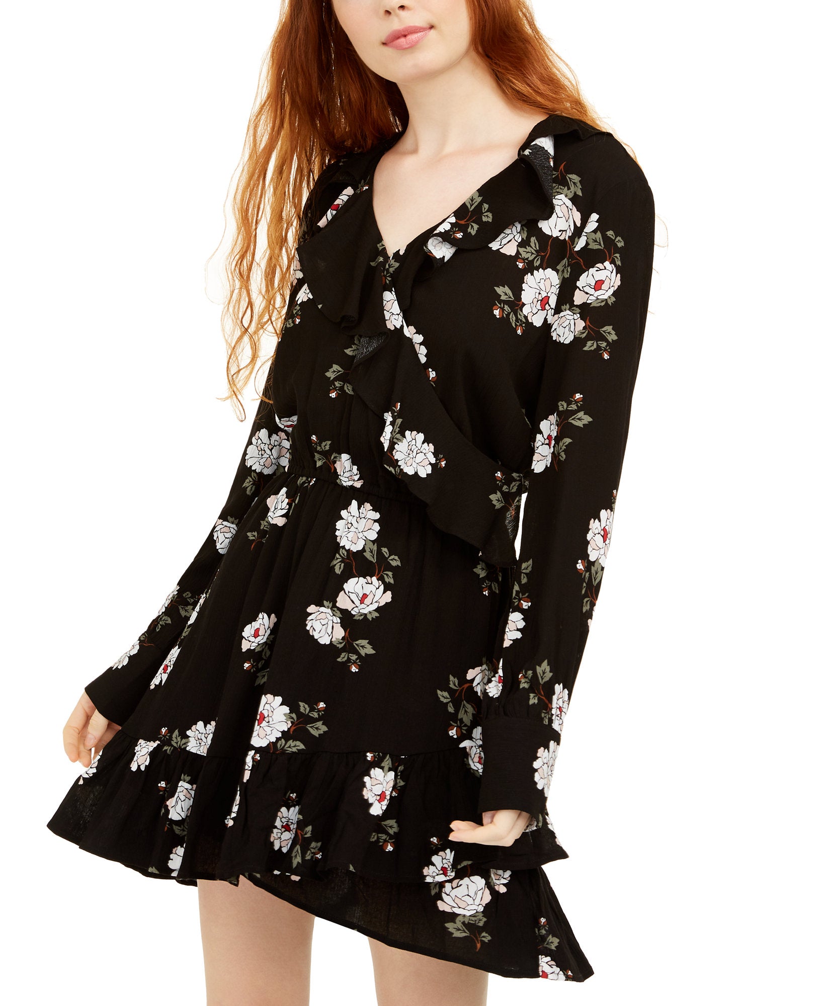 American Rag Floral Faux Wrap Dress Pretty Bouquet Black