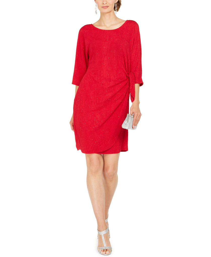 Robbie Bee Women Petite Glitter Faux Wrap Dress Red