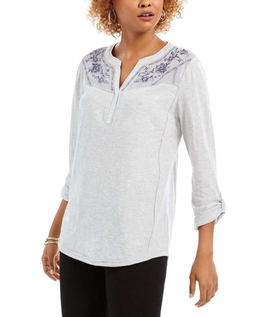 Style & Co Women Embroidered Yoke Roll Tab Sleeve Top Luxe Bouquet