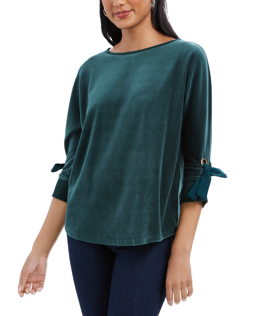 Charter Club Women Velvet Tie Sleeve Top Dark Modern Teal