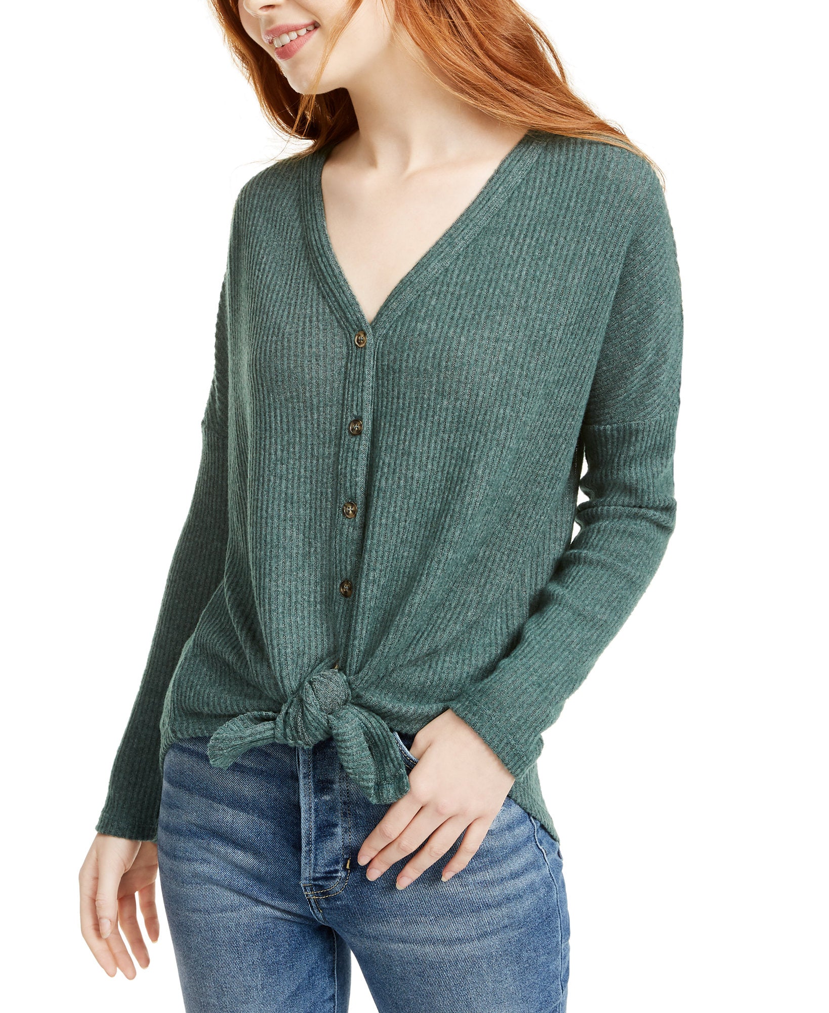 Ultra Flirt Women Cozy Ribbed Tie Front Top Botanical Garden