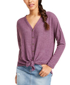 Ultra Flirt Women Cozy Ribbed Tie Front Top Plum Purple