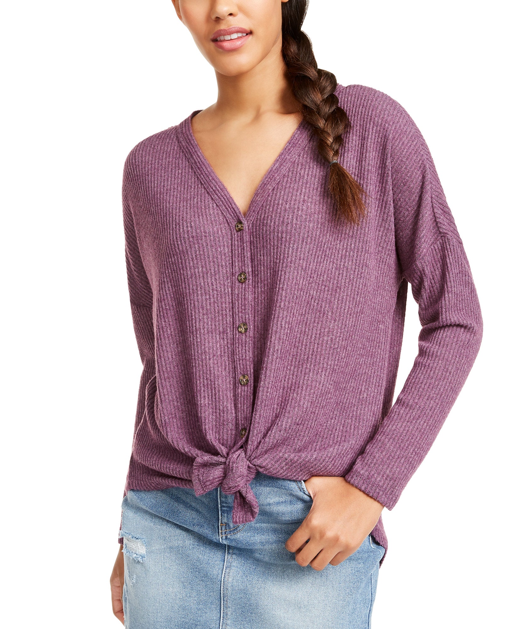 Ultra Flirt Women Cozy Ribbed Tie Front Top Plum Purple