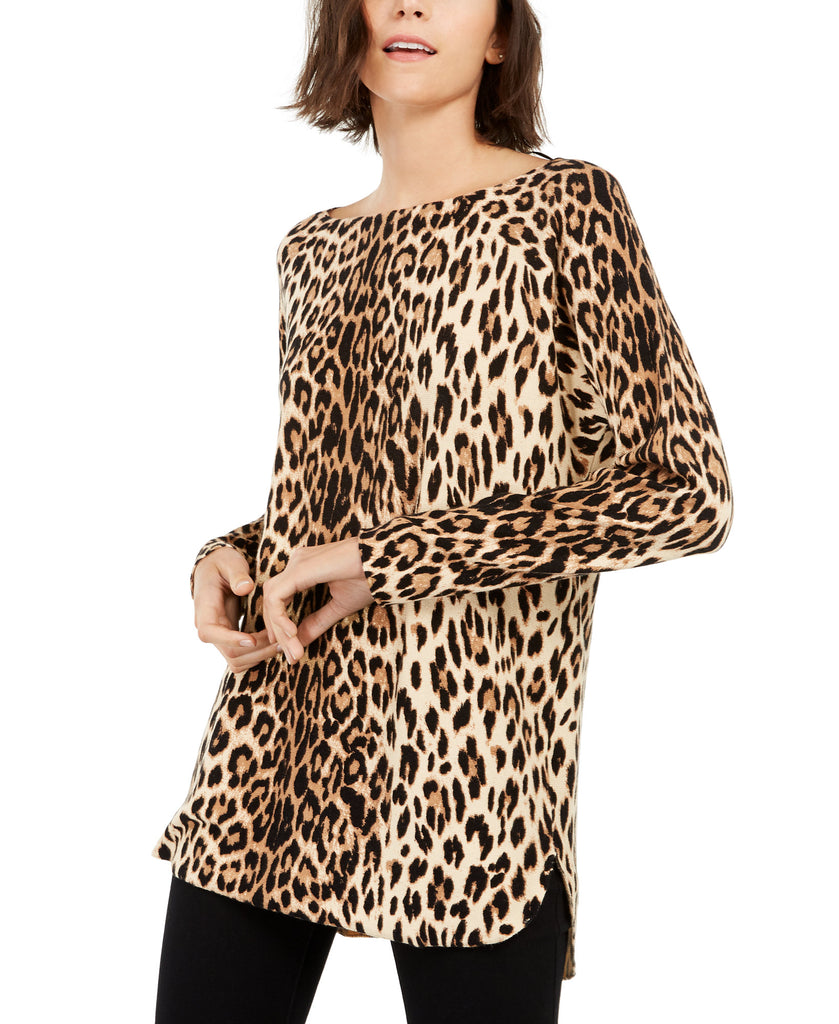 INC International Concepts Women Animal Print Shirttail Sweater Madame Leopard