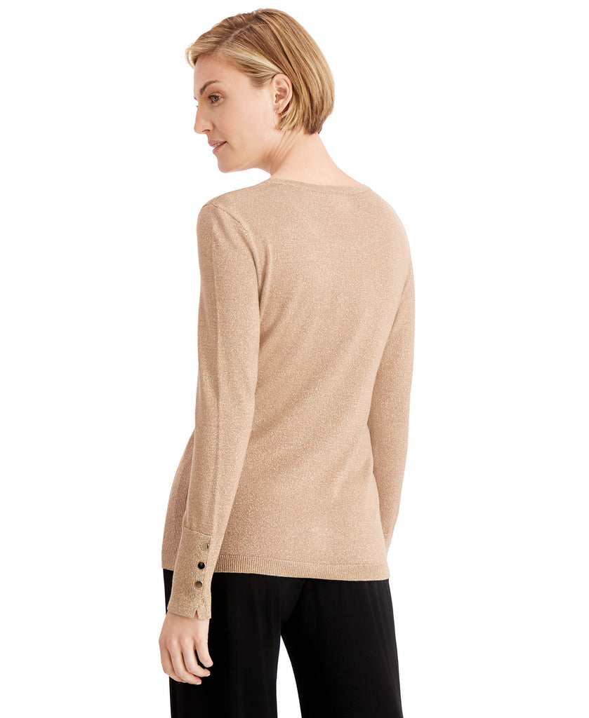 JM Collection Women Metallic Round Neck Stud Cuff Sweater