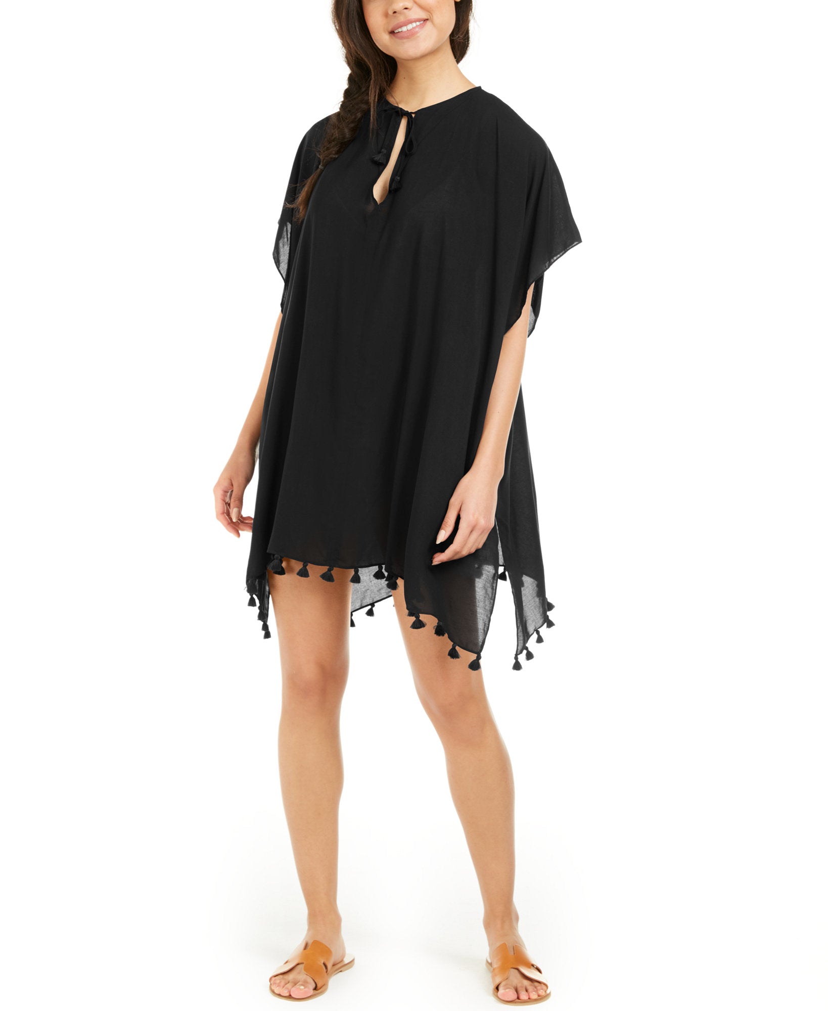 DKNY Women Pom Pom Caftan Swim Cover Up Black
