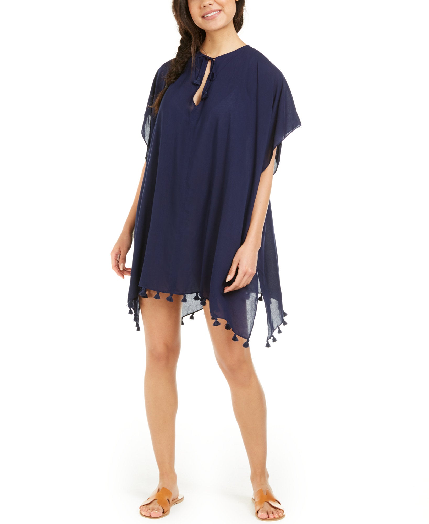 DKNY Women Pom Pom Caftan Swim Cover Up Navy