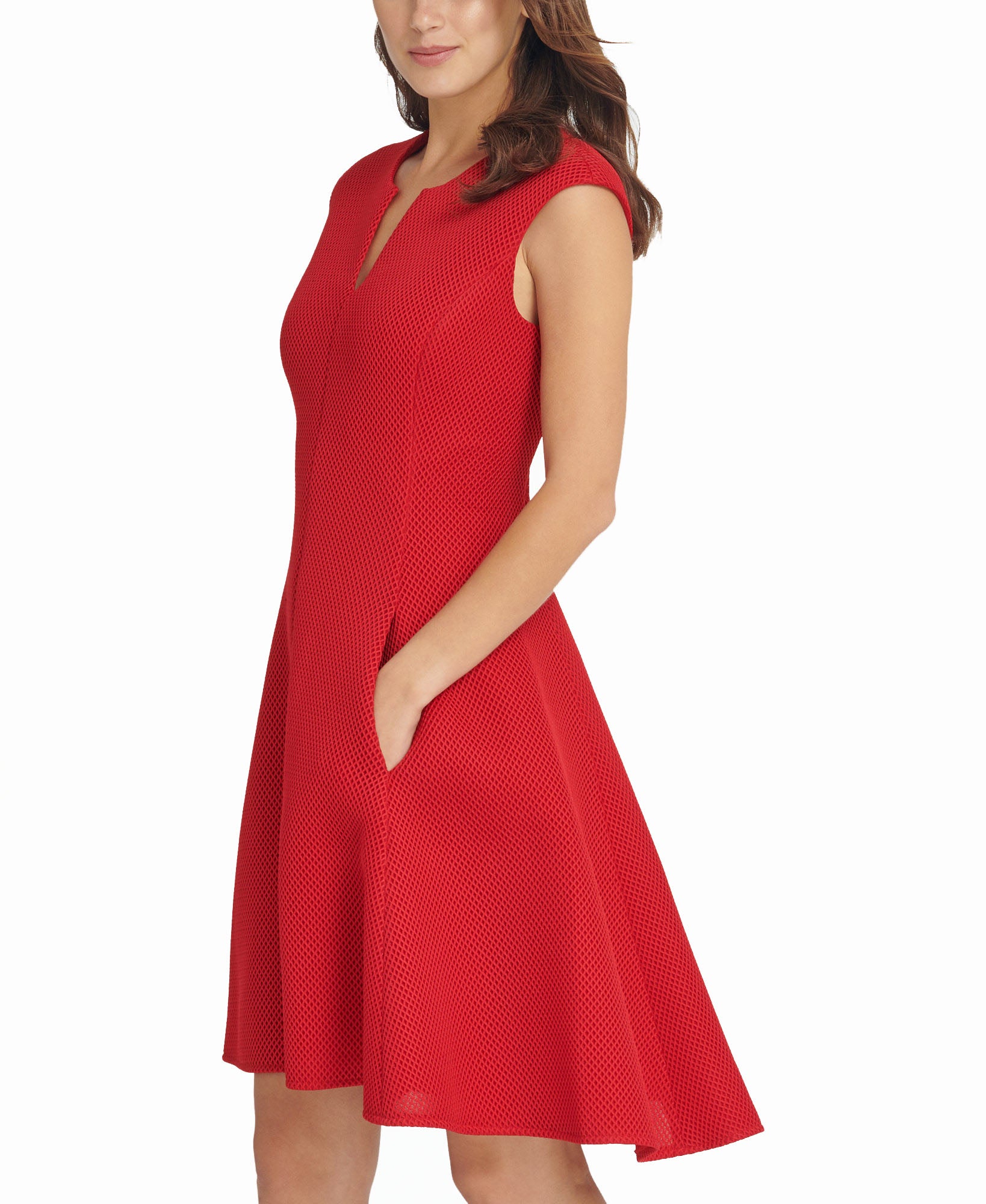 DKNY Women Notch Neck Fit & Flare Mesh Dress