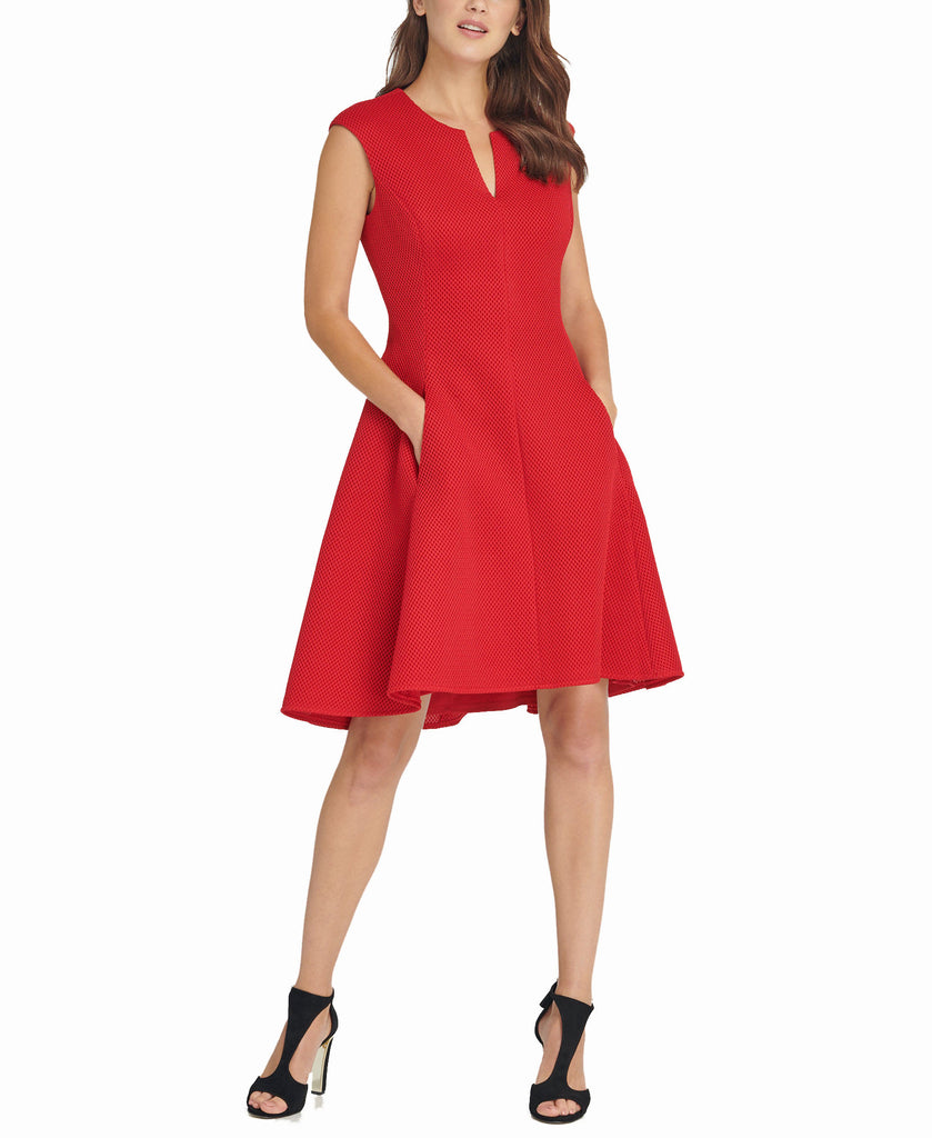 DKNY Women Notch Neck Fit & Flare Mesh Dress Scarlet