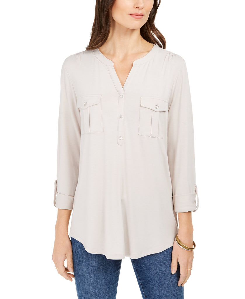 Style & Co Women Split Neck Roll Tab Sleeve Top Vanilla Bean