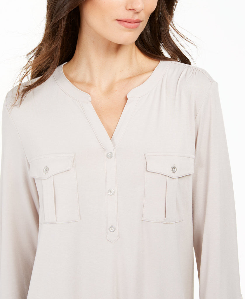 Style & Co Women Split Neck Roll Tab Sleeve Top