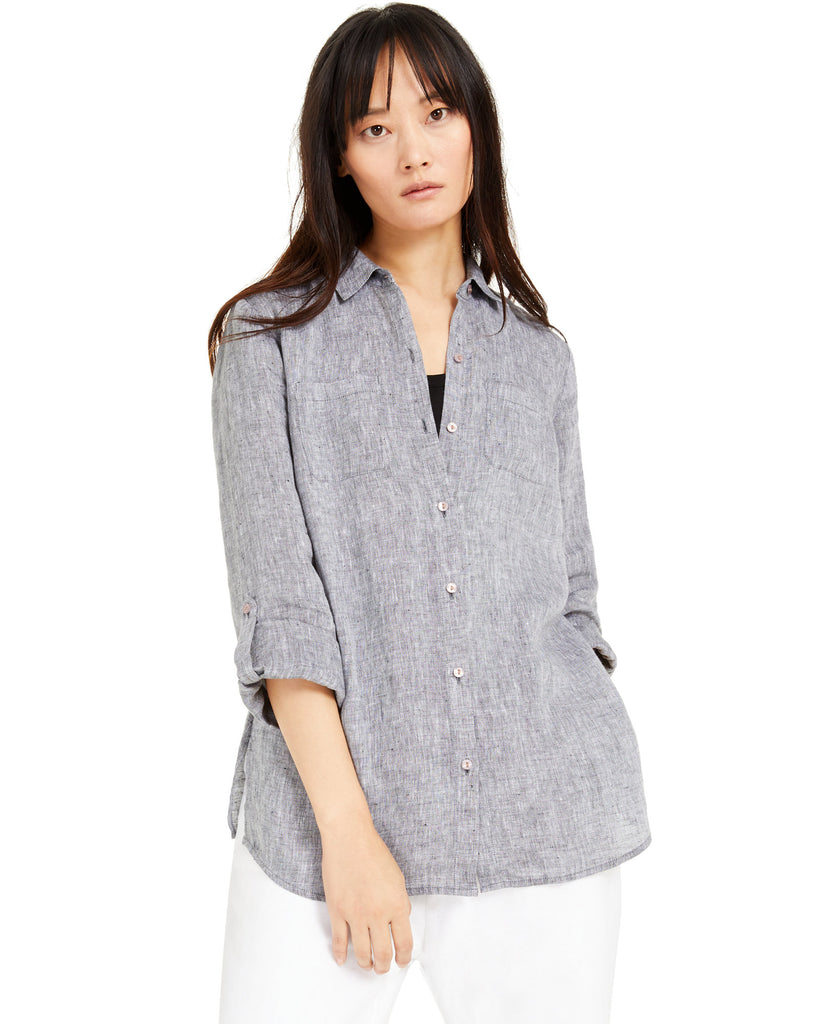 Charter-Club-Women-Petite-Linen-Button-Front-Shirt-Black-Slate