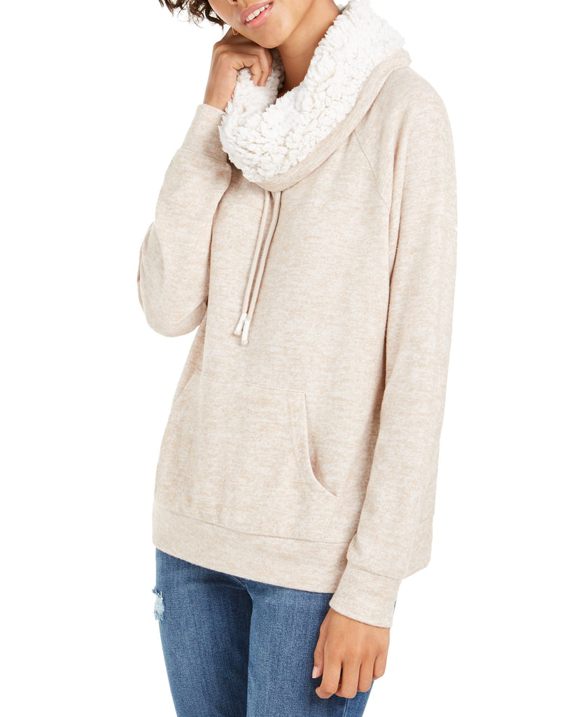 Ultra Flirt Women Sherpa Lined Funnel Neck Sweatshirt Oatmeal