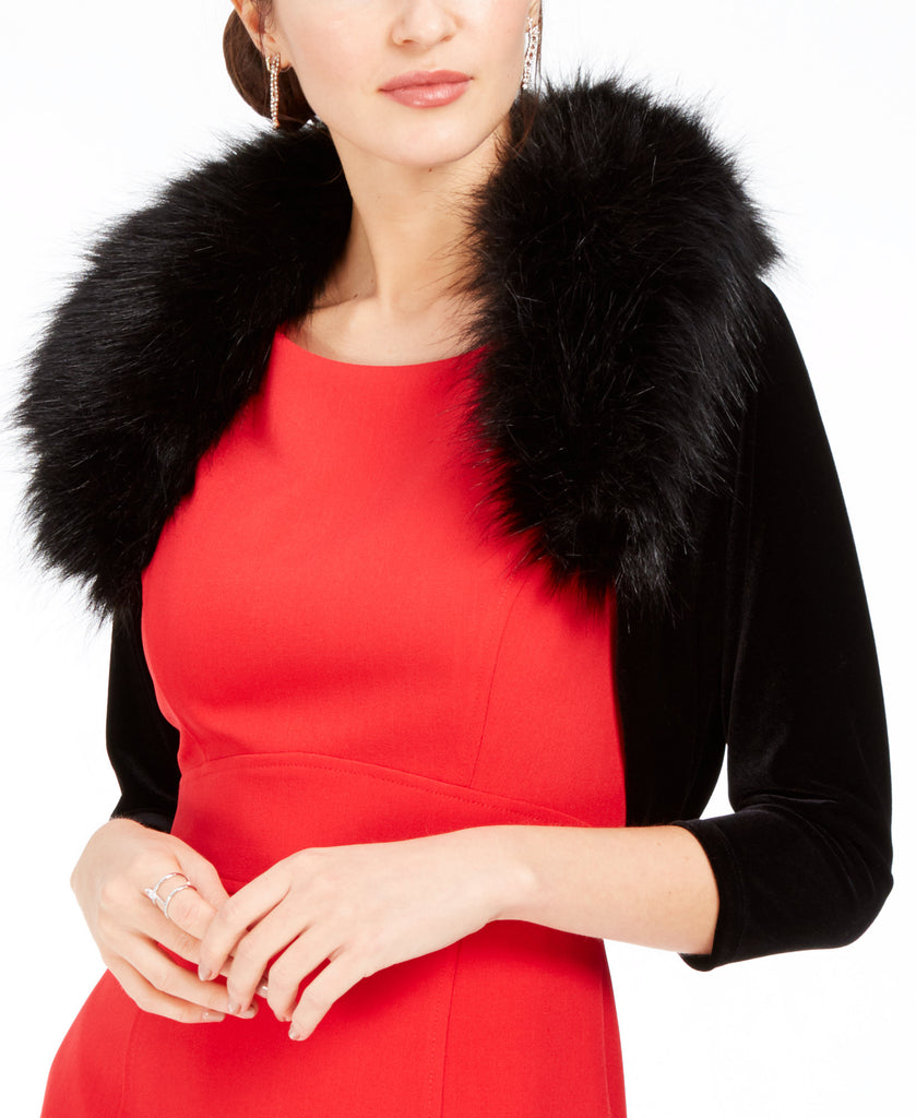 Tahari ASL Women Velvet Faux Fur Collar Shrug Jacket Black