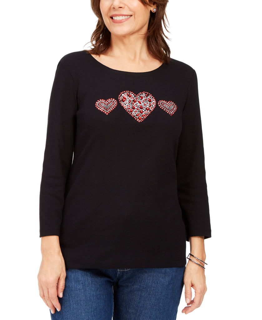 Karen Scott Women Cotton Rhinestone Heart Top Deep Black