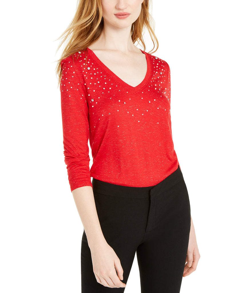 INC International Concepts Women Embellished Shine V Neck Top Real Red