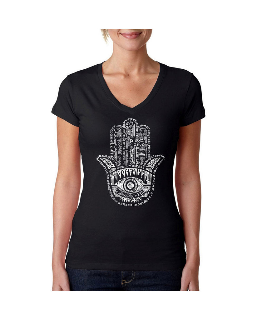 LA Pop Art Women Word Art V Neck T Shirt  Hamsa Black