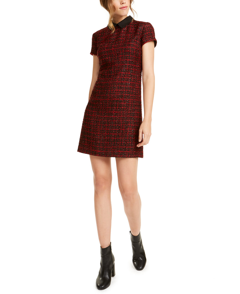 Maison Jules Women Collared Tweed Shift Dress Red Tweed