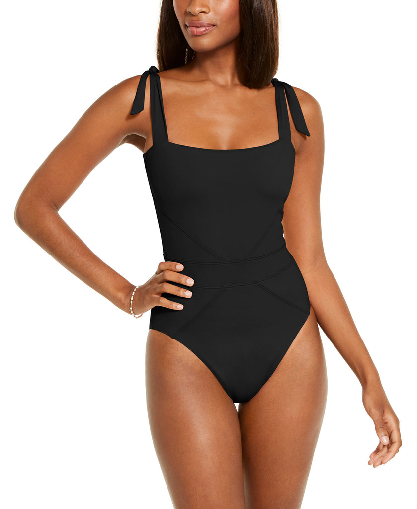 Becca by Rebecca Women Color Code Solid Tie Shoulder One Piece Swimsuit Black