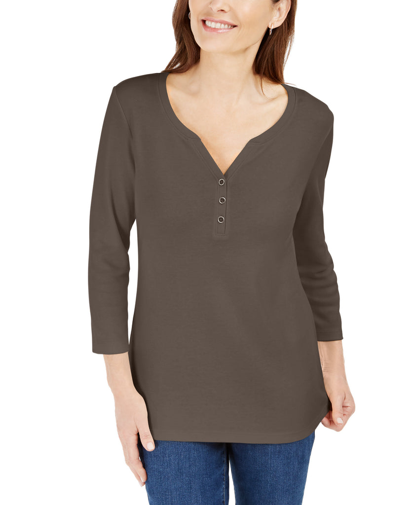 Karen Scott Women 3 4 Sleeve Henley Shirt Brown Clay