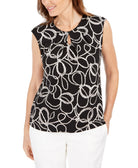Kasper Women Petite Rope Print Keyhole Blouse Black Multi