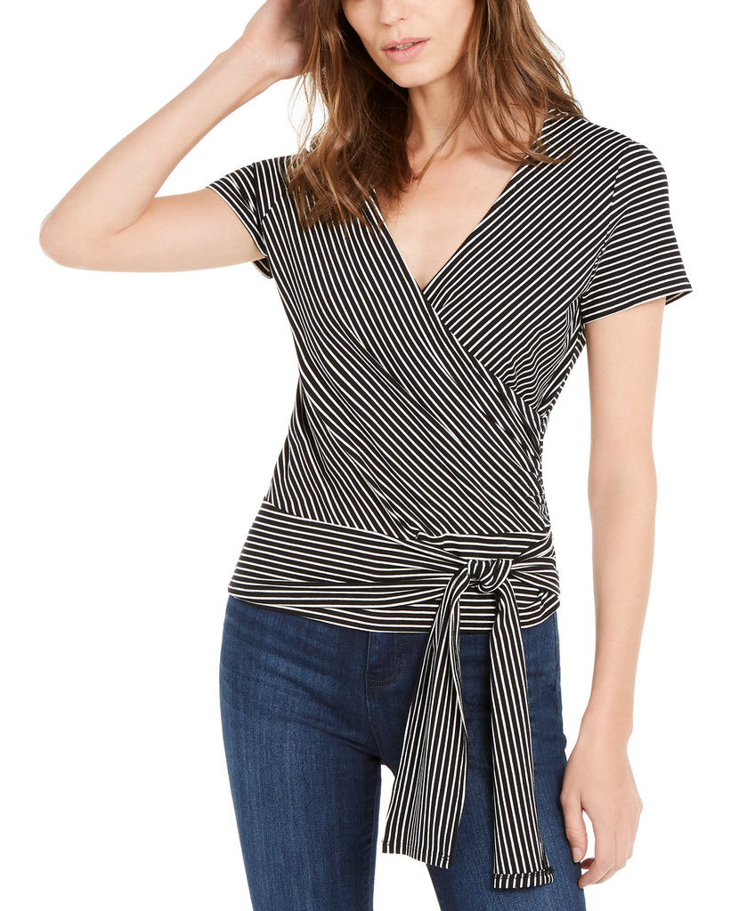 Vince Camuto Women Striped Tie Front Top Rich Black