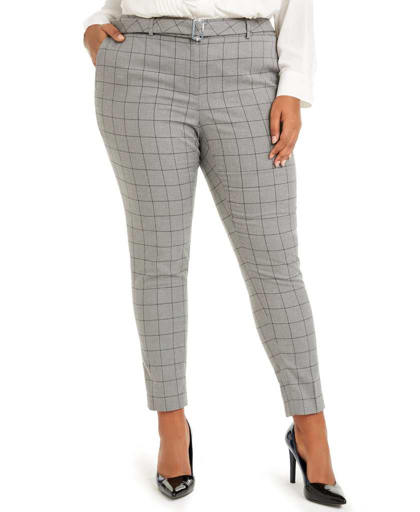 Calvin Klein Women Plus Belted Windowpane Print Slim Leg Pants Tin Black