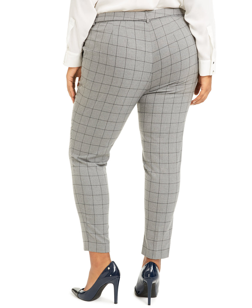 Calvin Klein Women Plus Belted Windowpane Print Slim Leg Pants