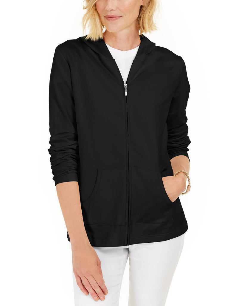 Karen Scott Women Zip Front Hoodie Deep Black