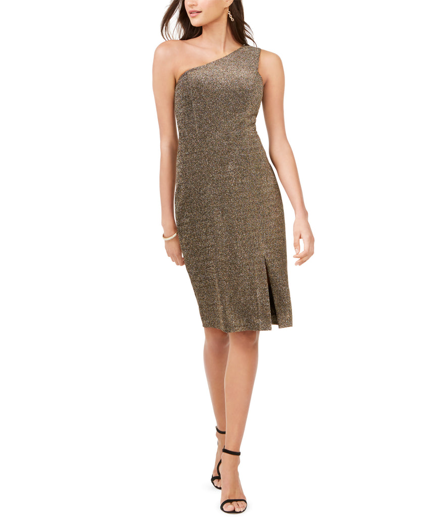 Vince Camuto Women One Shoulder Glitter Knit Dress Gold