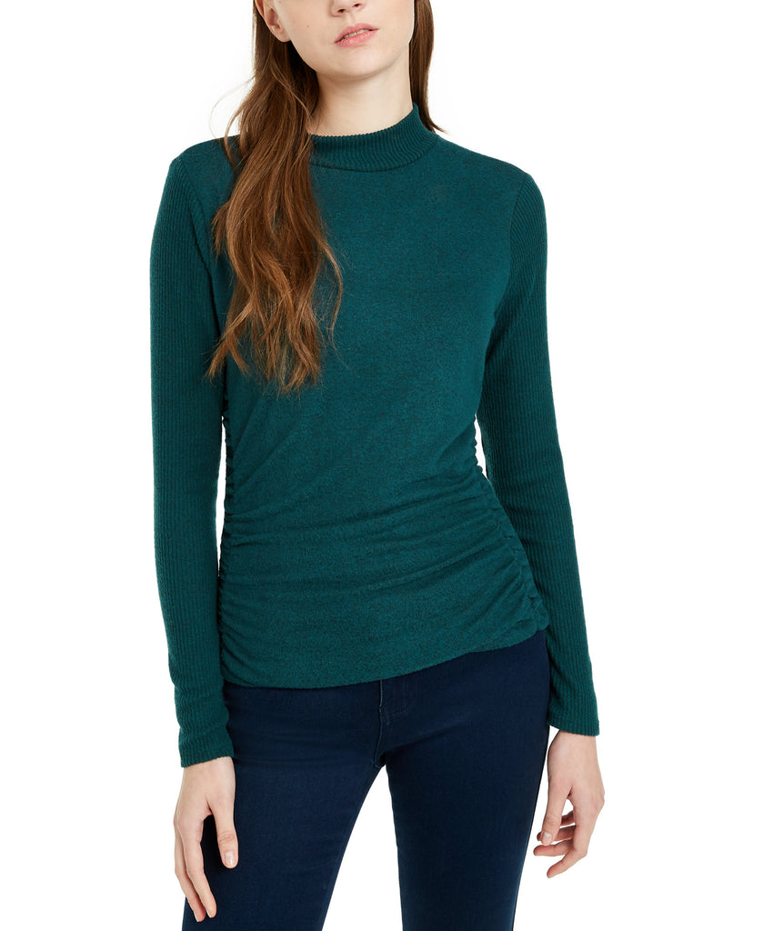 BCX Women Textured Side Ruched Mock Neck Sweater Hunter