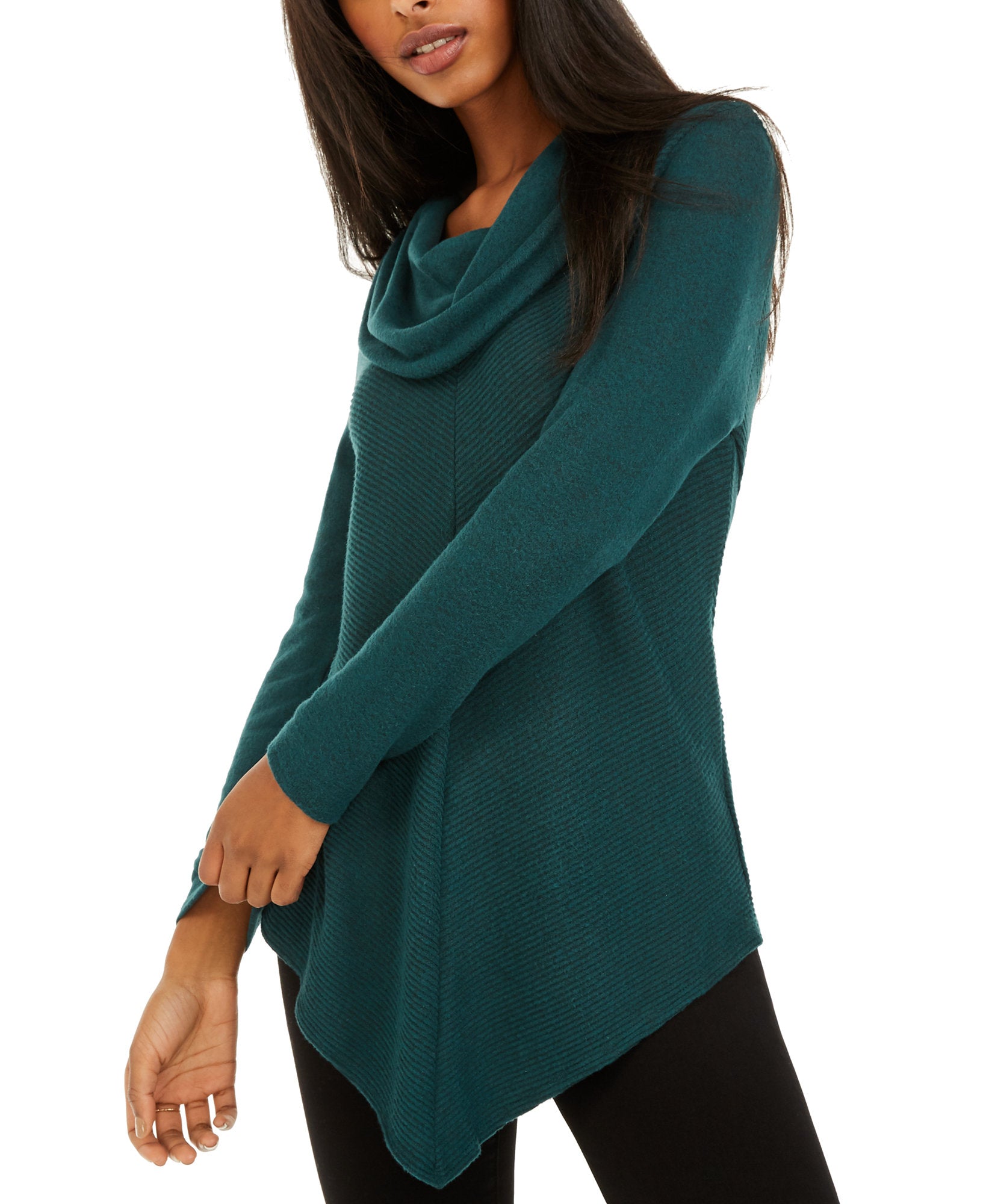 BCX Women Textured Cowlneck V Hem Sweater Hunter