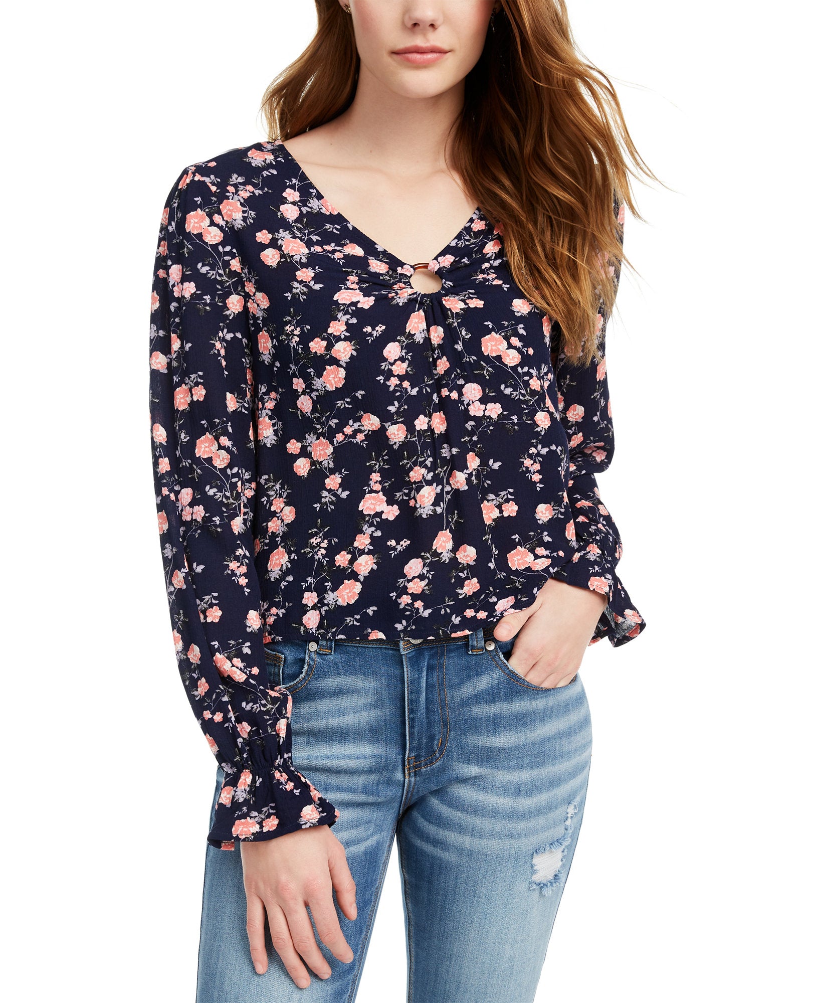 Freshman Women Floral Printed O Ring Top Maritime Blue