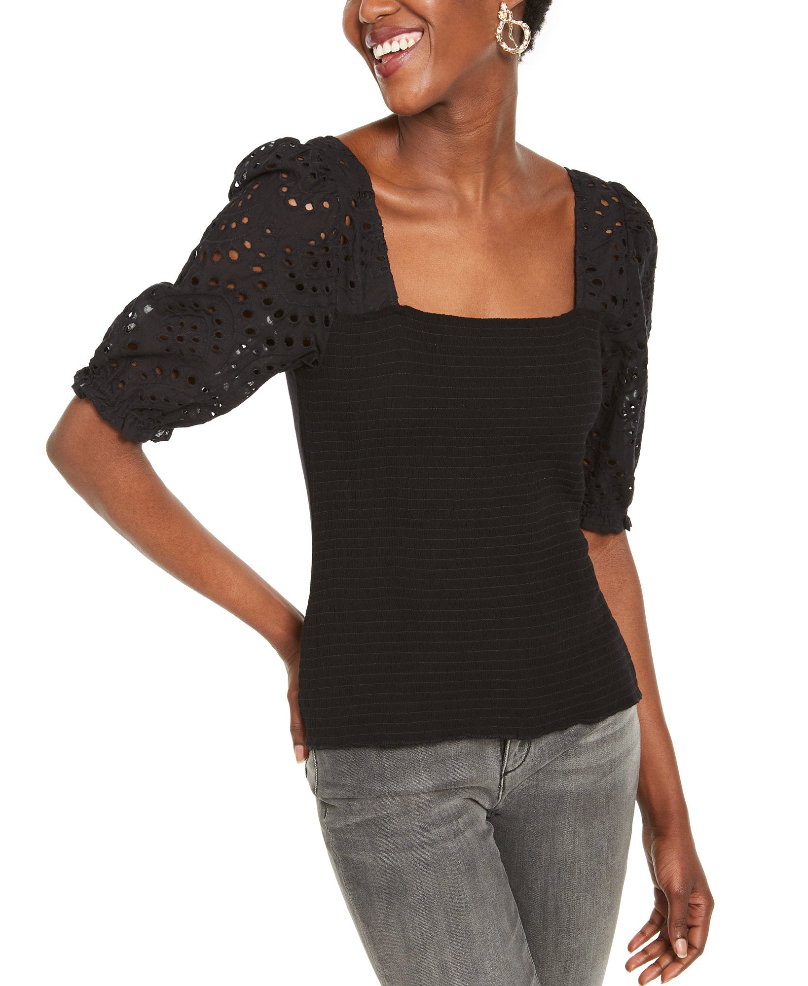 INC International Concepts Women Smocked Eyelet Sleeves Deep Black