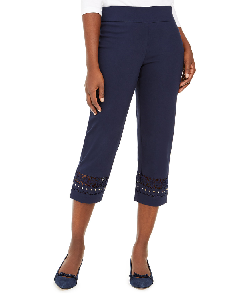 JM Collection Women Crochet Trim Studded Capris Intrepid Blue